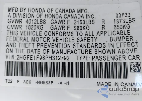 2023 Honda Civic Touring from USA, damaged, VIN 2HGFE1F98PH312792